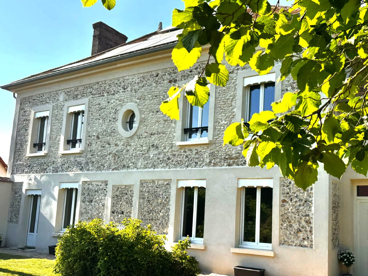 Façade côté jardin restaurée, silex apparent